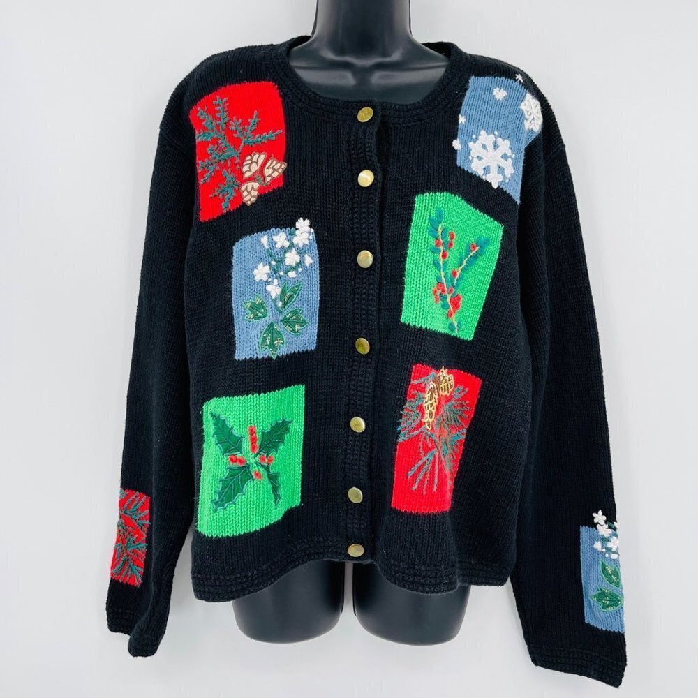 Vintage Orvis Cadigan Sweater Womens L Black Holiday Ugly Christmas Patchwork